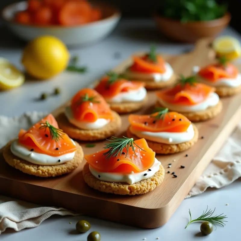 Plato blanco con blinis de lino dorado crujientes, cubiertos de láminas de smoked salmon vegano de zanahoria ahumada, crema de anacardos y eneldo fresco. Aperitivo ruso sin gluten y vegano.