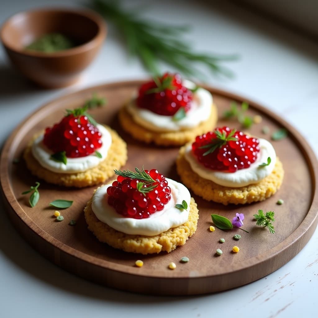Bandeja de madera con blinis dorados de quinoa, coronados con crema de anacardos blanca y caviar de remolacha rojo intenso, decorados con eneldo y cebollino. Entrante ruso-vegano elegante y colorido.