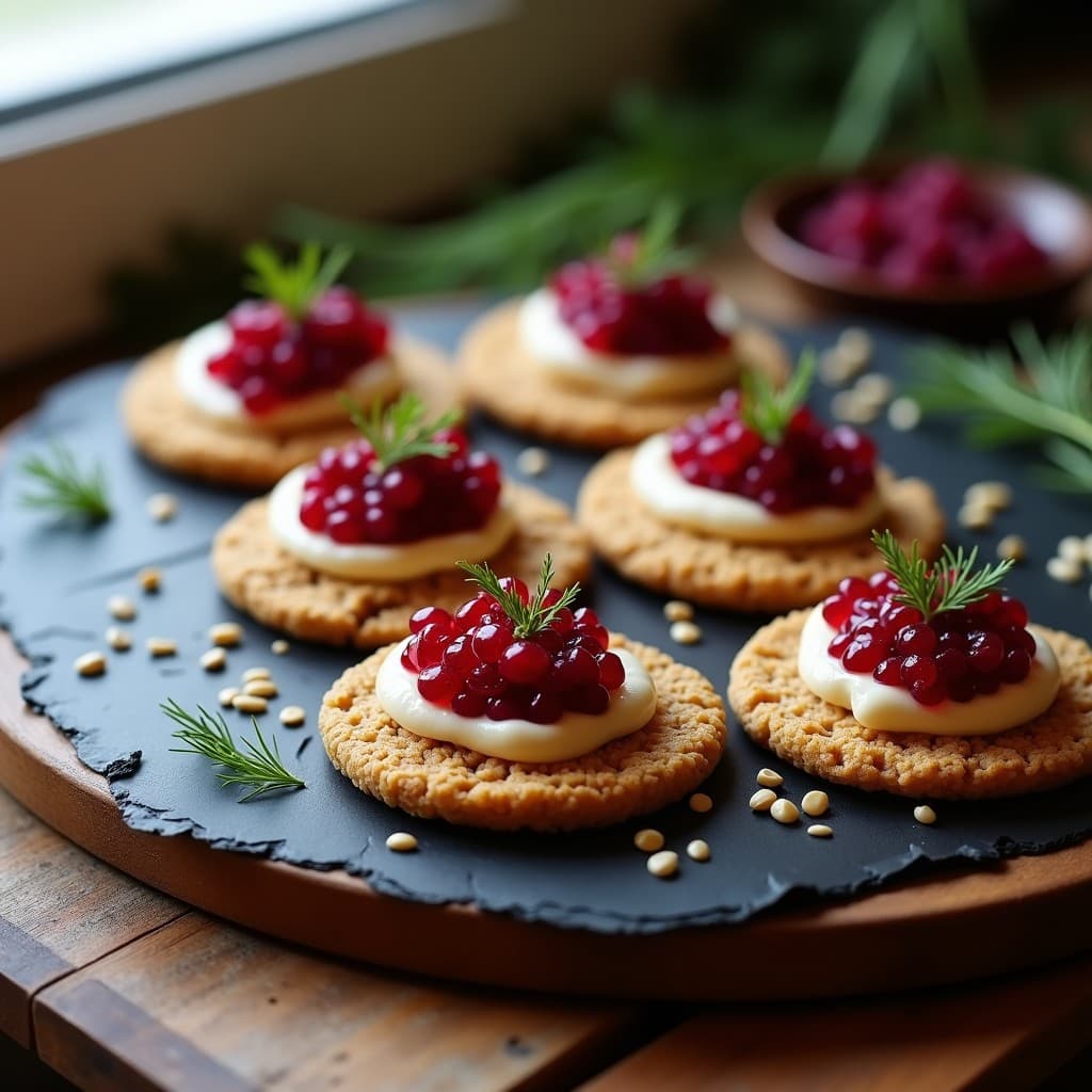 Blinis dorados de quinoa y semillas de lino dispuestos en bandeja de madera, coronados con caviar de remolacha vibrante y crema de anacardos, decorados con eneldo fresco. Entrante ruso sin gluten y vegano.