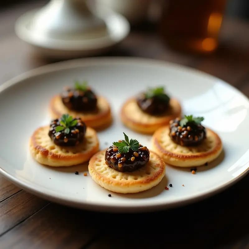Plato blanco elegante con blinis rusos dorados de trigo Sarajevo, coronados con caviar de berenjena cremoso y espolvoreados con semillas de amapola, sobre fondo de madera oscura.