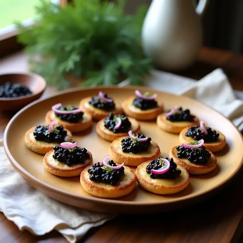 Blinis dorados de trigo sarraceno con caviar de berge vegano, crema de anacardos y aneto fresco, servidos en tabla de madera para aperitivo gourmet.