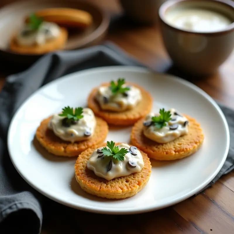 Plato blanco con blinis de trigo sarraceno dorados y esponjosos, cubiertos con crema de hongos portobello cremosa y perejil fresco, receta rusa sin gluten para entrantes gourmet.