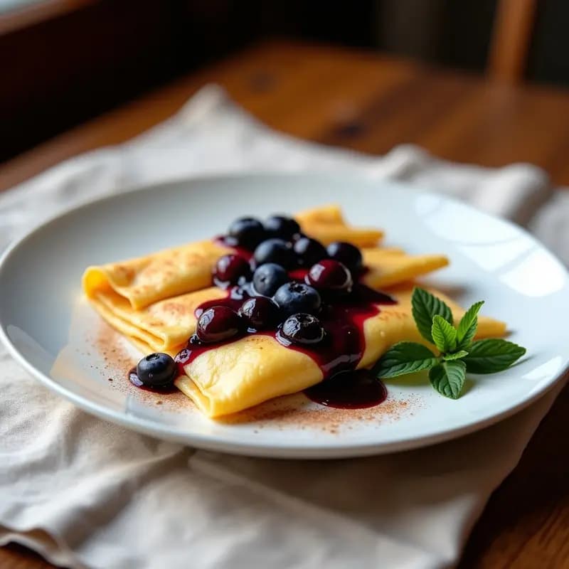 Plato blanco con tres blintzes dorados de queso de soja y arándanos, rellenos cremosos y compota morada asomando por los bordes, servidos sobre un mantel rústico con hojas de menta y sirope de agave goteando. Receta de blintzes veganos y sin gluten.