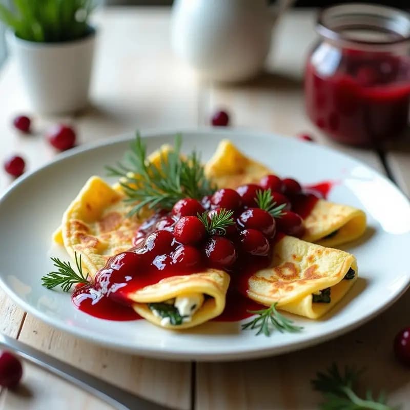 Plato blanco con blintzes rusos dorados rellenos de requesón y espinacas, servidos con salsa de arándanos brillante y decorados con hojas de eneldo fresco. Desayuno proteico tradicional con toques modernos.