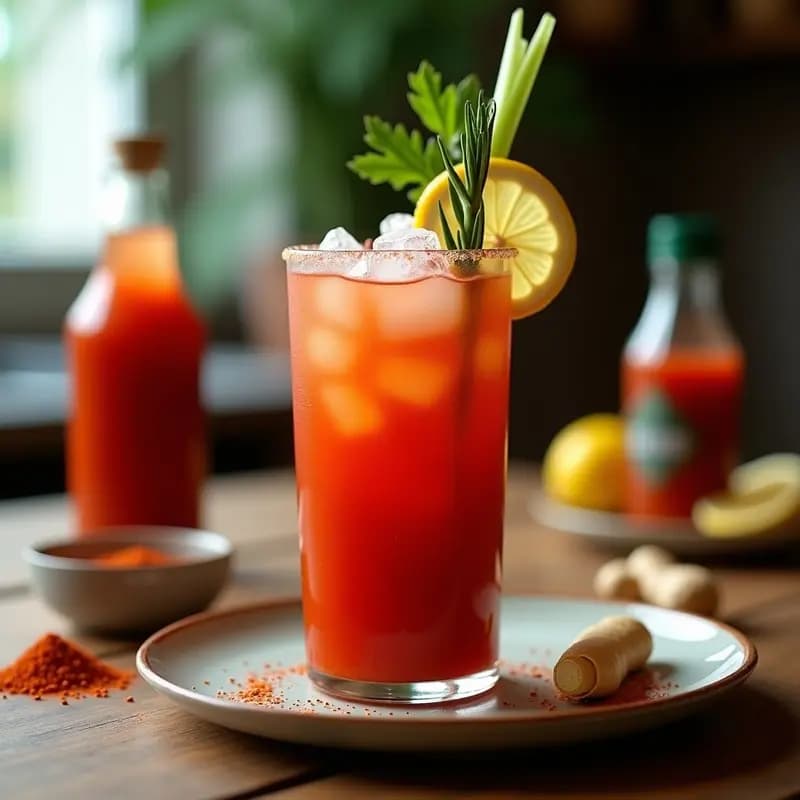 Vaso alto con Bloody Mary vegana de color rojo intenso, decorado con ramita de apio, romero y rodaja de limón. Hielo picado y semillas de hinojo espolvoreadas. Fondo borroso de brick de zumo de tomate ahumado y especias.