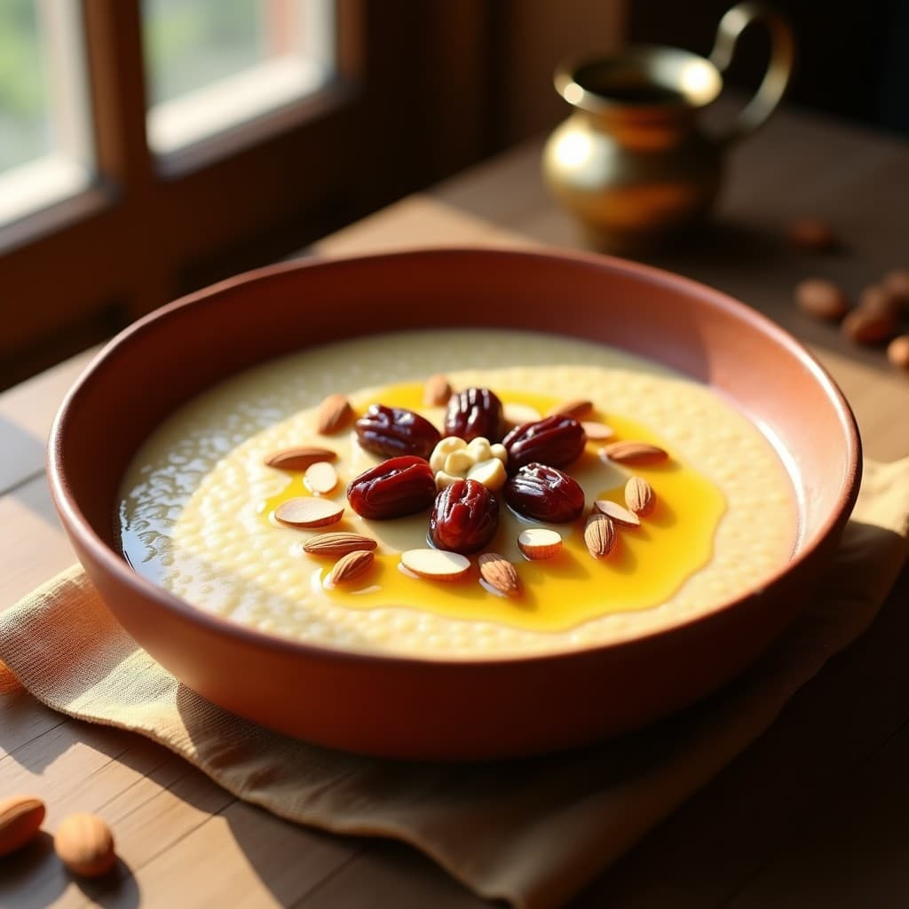 Cuenco de barro rústico con Bo locality de sémola de maíz y leche de camella, decorado con dátiles picados, almendras fileteadas y un hilo de miel. Plato tradicional nómada del Sahara con textura cremosa y colores cálidos.