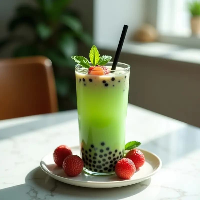 Vaso alto transparente con boba de té verde y litchi sin lactosa, burbujas de chía gelatinosas en la parte superior, decorado con litchis frescos y hojas de menta, sobre fondo blanco con pajita negra.