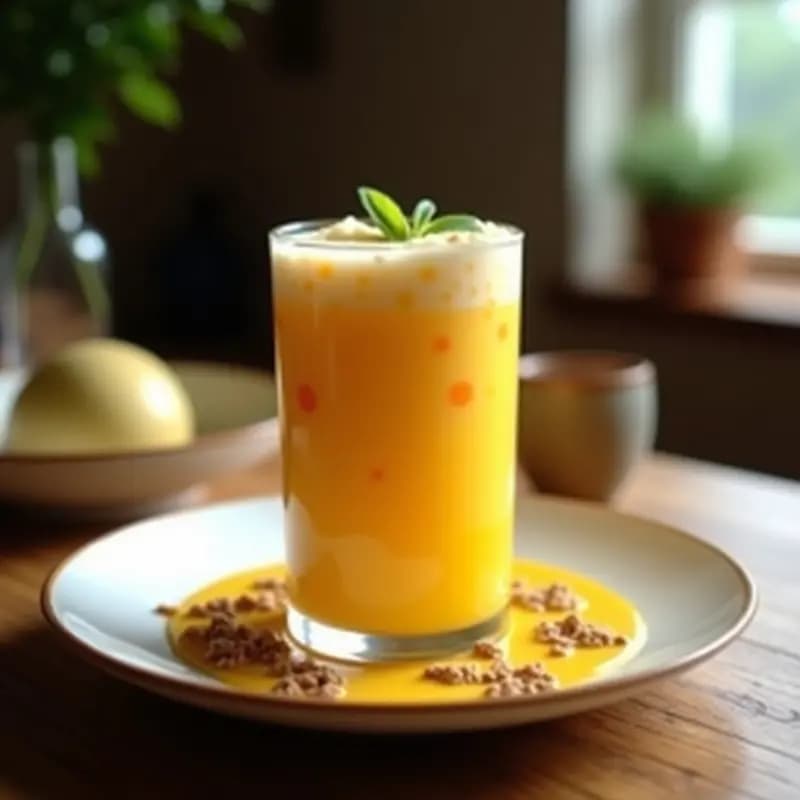 Vaso alto transparente con Boba Tea de mango y leche de coco, perlas de tapioca negras en el fondo, líquido cremoso color amarillo dorado, hielo picado, pajita ancha y hojas de menta como decoración en un fondo claro.