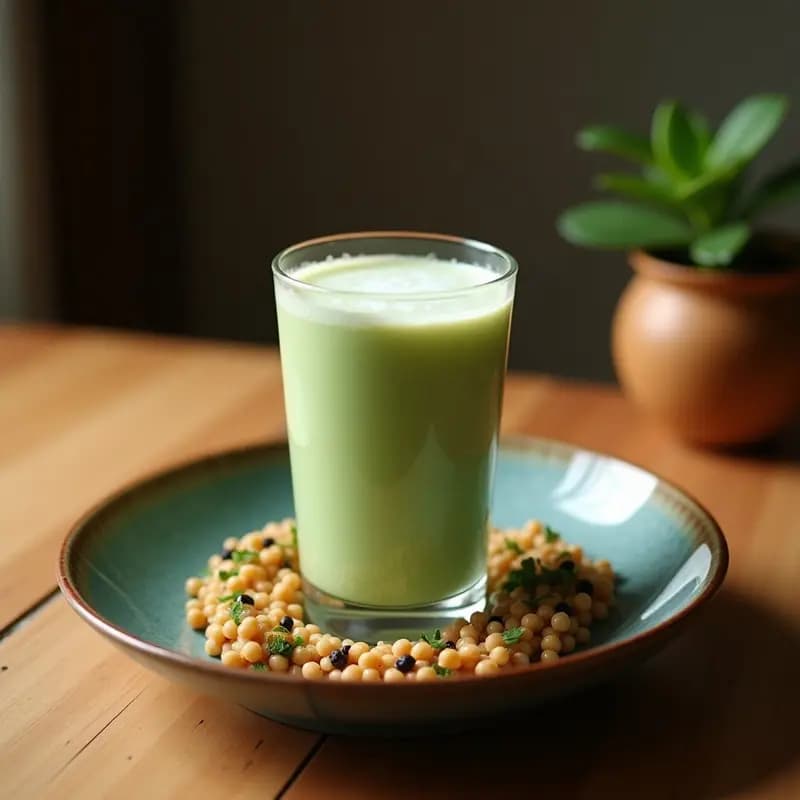 Vaso alto transparente con Boba Tea de Matcha y Leche de Coco sin lactosa, mostrando capas verdes de matcha, leche de coco cremosa, perlas de tapioca de sésamo negro en el fondo y hielo. Decorado con polvo de matcha en la superficie y una pajita ancha de bambú.