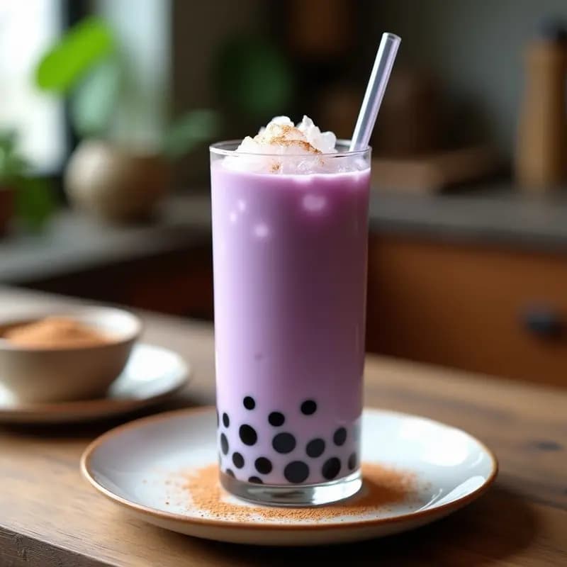 Vaso alto transparente con Boba Tea de Taro y Leche de Avena, perlas de tapioca negras en el fondo, líquido morado cremoso y hielo triturado en la superficie, con pajita ancha y decoración de canela en polvo.