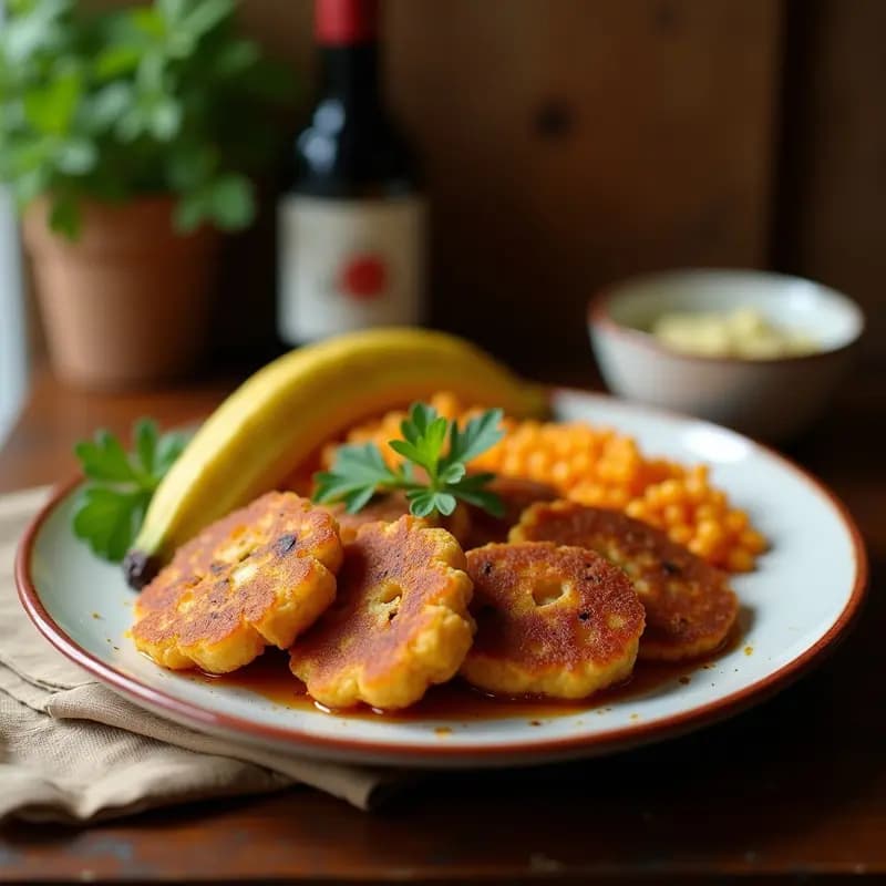 Plato hondo de barro con boberas dominicanas: habichuelas rojas estofadas con cubos de yuca y rodajas de plátano maduro dorado, decorado con hojas de culantro fresco. Receta tradicional en olla exprés.