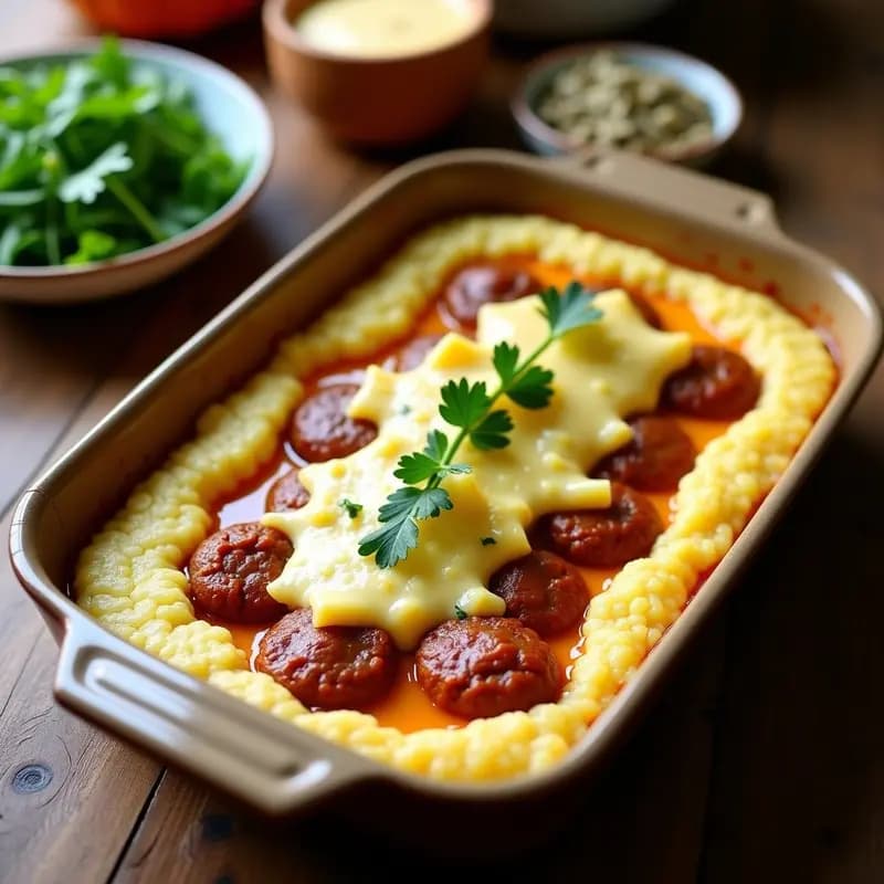 Boberg sudafricano keto en molde rectangular, con capas visibles de puré de coliflor cremoso y salchicha especiada, gratinado con queso cheddar dorado y decorado con perejil fresco.