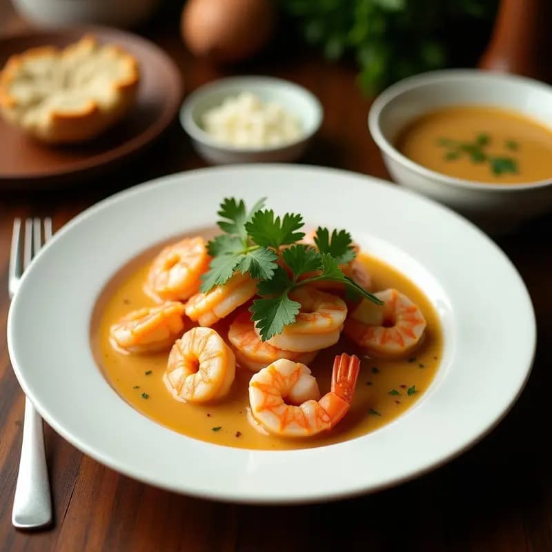 Cuenco hondo de cerámica blanca con Bobó de Camarão Brasilero, sopa cremosa de color beige con trozos de yuca, camarones rosados y cilantro fresco picado. Fondo rústico con ingredientes dispersos como pimiento rojo, limón y leche de coco en lata.