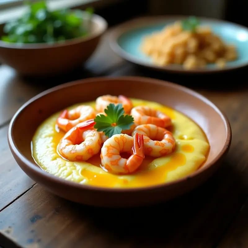 Plato hondo de barro con Bobó de Camarão: puré de mandioca cremoso de color blanco amarillento, coronado con camarones rosados en salsa de leche de coco y dendê, decorado con cilantro fresco y un hilo de aceite de dendê brillante.