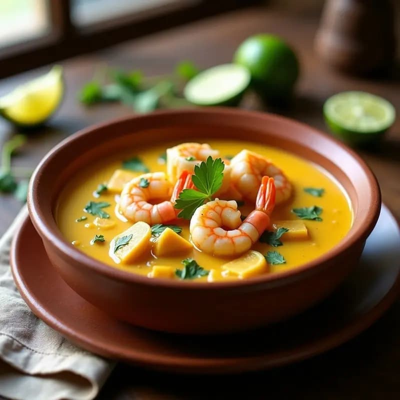 Plato hondo de barro con Bóbó de Camarão, estofado cremoso de yuca y gambas en salsa amarillenta de leche de coco, decorado con cilantro fresco y rodajas de limón, servido sobre una mesa rústica de madera.