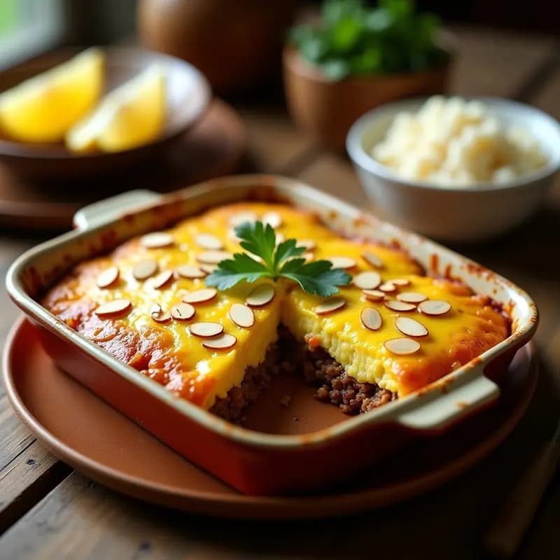 Bobotie de Carne y Frutas Secas: Pastel Sudafricano con Salsa de Huevo y Cúrcuma