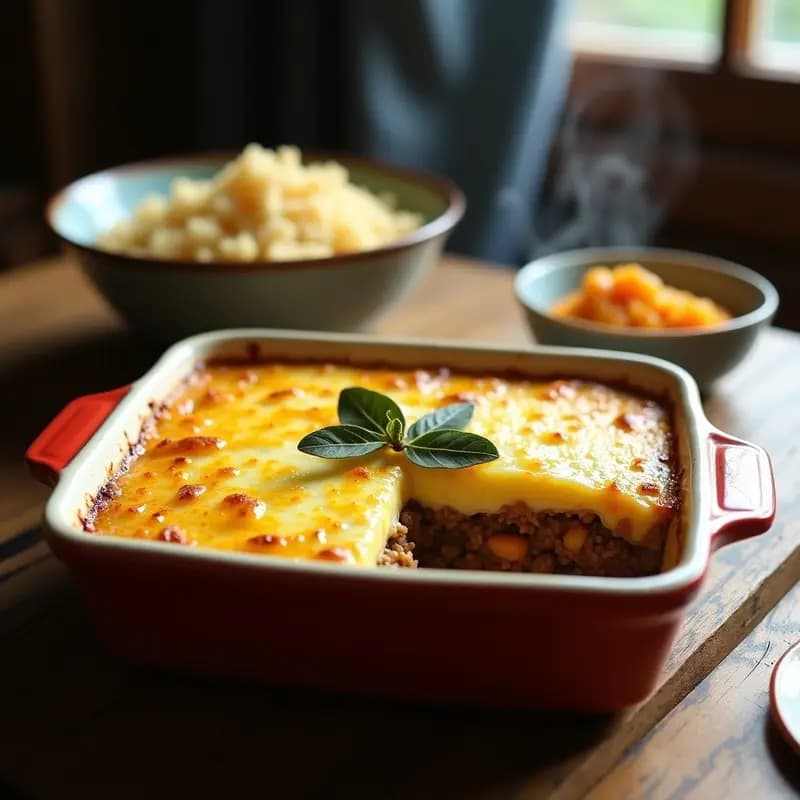 Bobotie sudafricano dorado al horno en molde rectangular, con topping de huevo y leche de coco ligeramente cuajado. Se aprecian trozos de manzana verde y almendras en el interior. Acompañado de hojas de laurel y servido con arroz basmati y chutney de mango al lado.