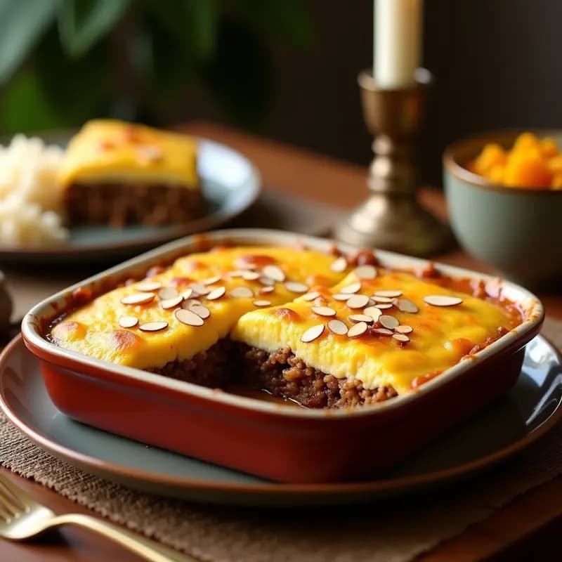 Bobotie sudafricana Cape Malay en molde rectangular, con topping dorado de huevo y leche de coco, servida en porción con arroz basmati y chutney de mango al lado. Plato tradicional con especias y frutas secas visibles.