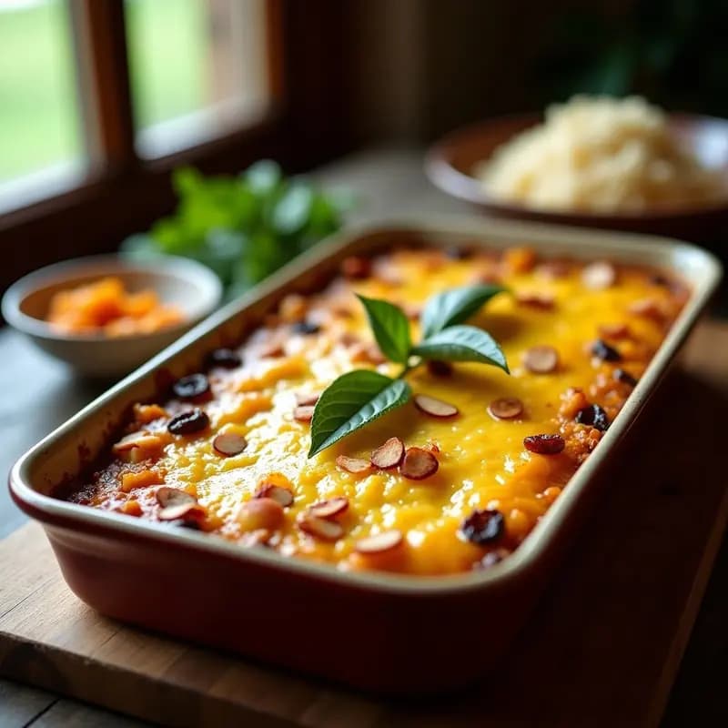 Bobotie sudafricana dorada en molde de barro, con topping de huevo dorado, almendras fileteadas y hojas de laurel, servida con rodajas de manzana verde y arroz basmati al lado.