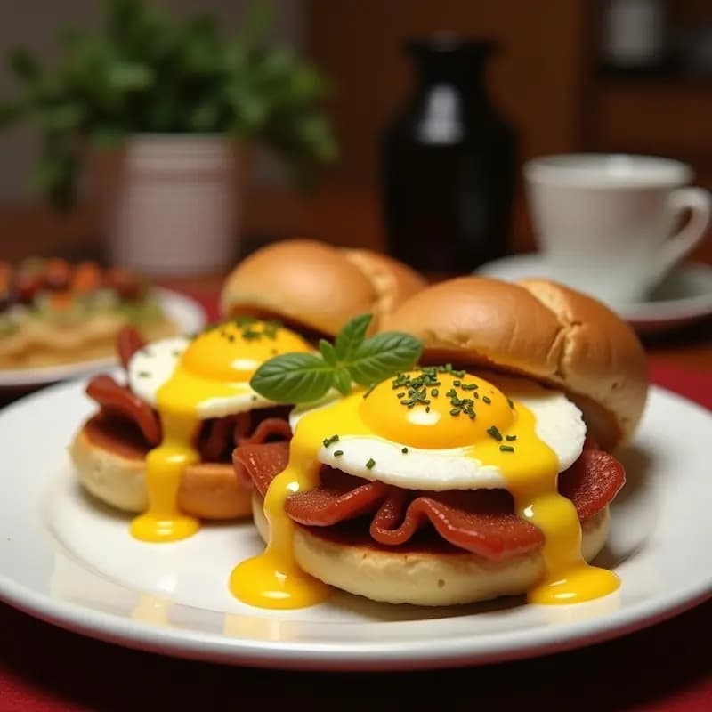 Bocadillo abierto de chapata tostada con rodajas de chorizo frito dorado, huevo frito de yema líquida y alioli, sobre fondo rústico de madera.