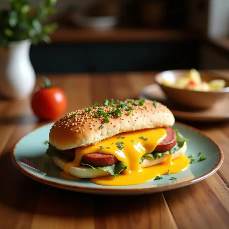 Bocadillo gigante abierto mostrando chorizo frito, huevos con yema líquida y queso fundido derritiéndose entre pan tostado dorado, receta rápida y decadente.
