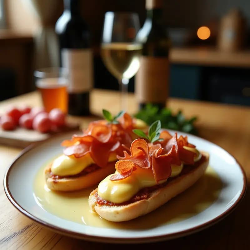 Bocadillo cordobés frito dorado y crujiente relleno de queso fundido y jamón serrano, servido en un plato blanco con papel absorbente.