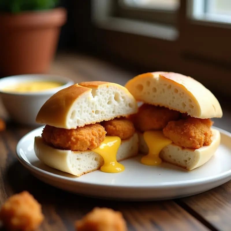 Bocadillo abierto mostrando nuggets de pollo dorados y crujientes cubiertos con queso fundido derritiéndose, servido en un plato blanco con salsa barbacoa y mayonesa para mojar, receta rápida de comida basura casera.