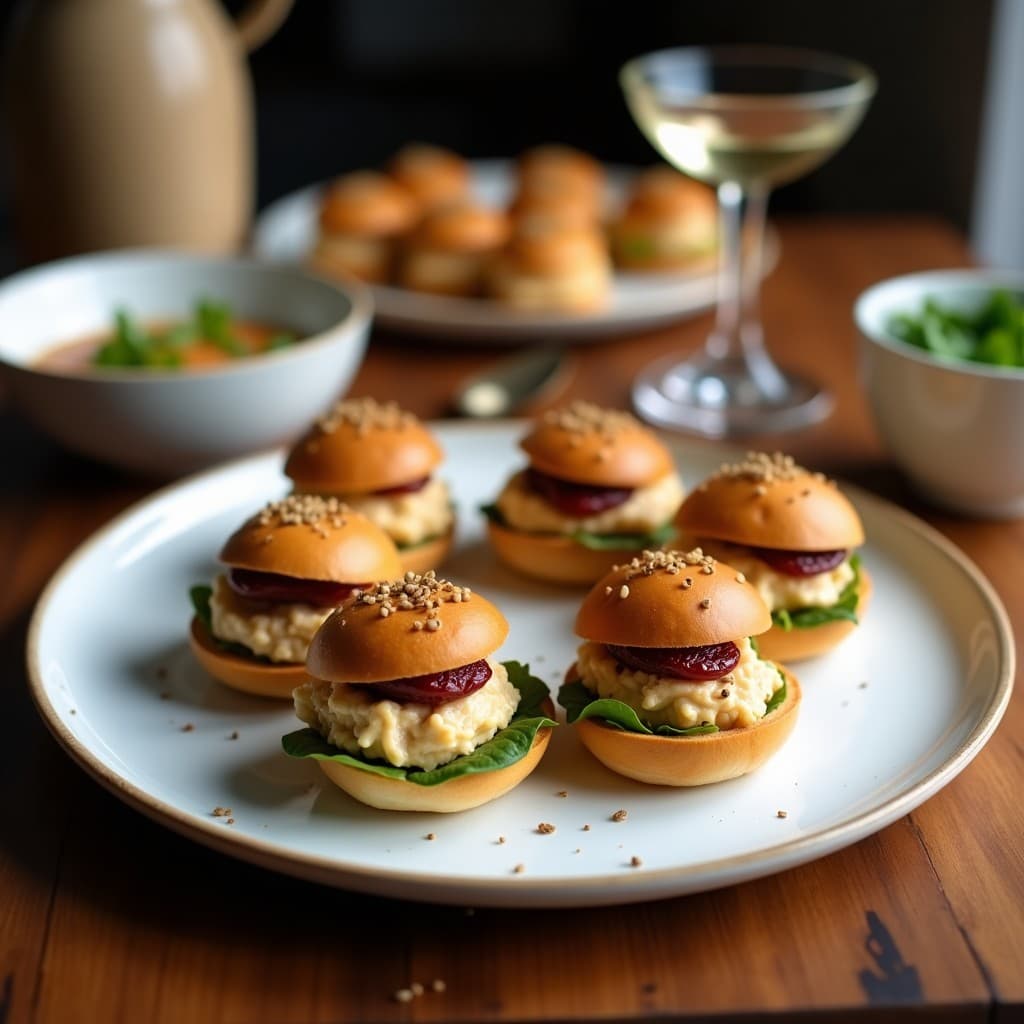 Bocaditos gourmet de berenjena asada dorada con paté verde de berros y crujiente de quinoa y sésamo negro, servidos en bandeja de madera rústica. Receta sin gluten alta en proteína.