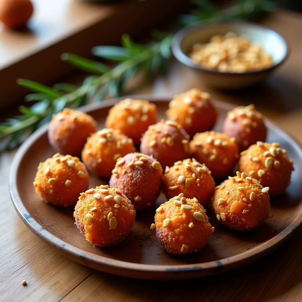 Bocaditos dorados y crujientes de camote morado con semillas de girasol tostadas, dispuestos en un plato de madera rústico. Textura porosa y color vibrante, acompañados de hierbas frescas al fondo. Receta de snack saludable en airfryer sin aceite.