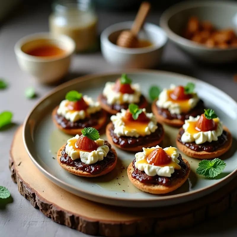 Tabla de madera con bocaditos de queso feta y higos frescos cortados en cuartos, rellenos de queso cremoso, coronados con nueces pecanas glaseadas y un hilo de miel de tomillo, acompañados de pan de pita tostado y hojas de menta.