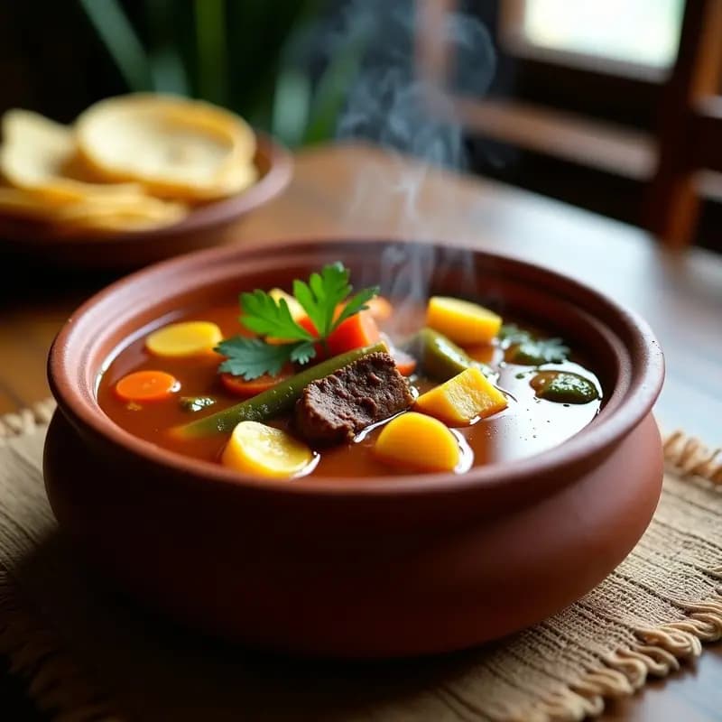 Olla honda de barro llena de Bograch Guatemalteco de res y verduras, con trozos de carne tierna, yuca, plátano macho verde, zanahoria y elote en un caldo espeso y dorado por el achiote. Decorado con cilantro fresco y servido con tortillas de maíz al lado.