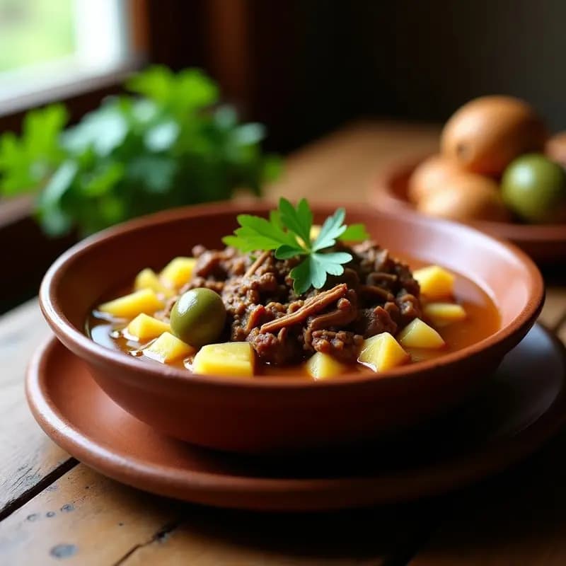 Plato hondo de barro con bohío de yautía y carne mechada dominicano, trozos dorados de yautía mezclados con carne desmenuzada, decorado con cilantro fresco y servido en tupper transparente, fondo rústico de madera.