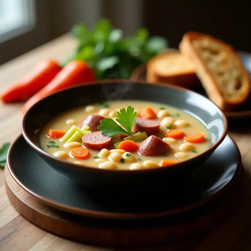 Plato hondo de cerámica blanca con Böhnen Suppe, sopa alemana tradicional de frijoles blancos y rodajas de salchicha de Frankfurt, decorada con perejil fresco y acompañada de mostaza dulce, servida en olla exprés.