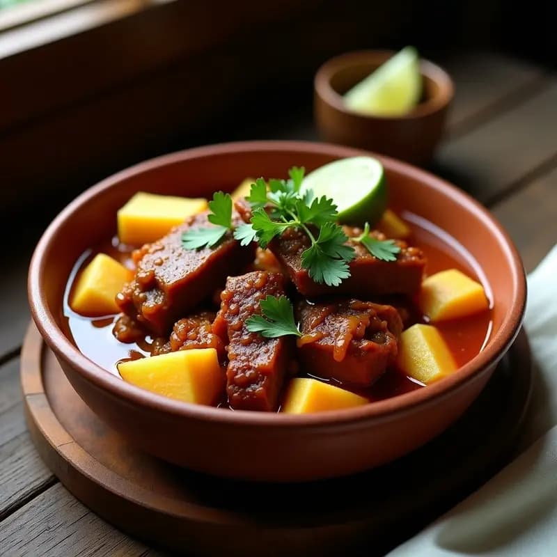 Plato hondo de barro con Boi Bumbá: costillas de cerdo doradas y tiernas, trozos de mandioca cremosa, cebolla morada y pimiento rojo en un caldo espeso y aromático. Decorado con cilantro fresco y rodajas de limón.