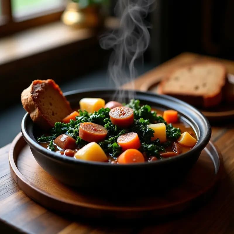 Cazuela de barro humeante con Boksenblum alemán: col rizada estofada, rodajas de salchicha ahumada Kielbasa, trozos de manzana verde y zanahoria, servido en cuenco rústico de cerámica oscura sobre fondo de madera.
