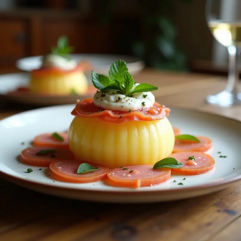 Tapa española de bola de melón con jamón serrano, esferas transparentes de melón Galia con taquitos de jamón serrano macerado en reducción de vinagre de Módena, decoradas con hierbabuena fresca y aceite de oliva virgen extra sobre plato blanco rústico.