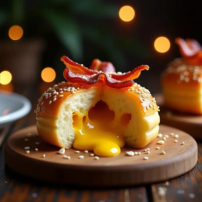 Bola de queso brasileña dorada y crujiente con relleno cremoso de queso prato y goiabada, decorada con tiras de bacon ahumado en espiral sobre fondo rústico de madera. Aperitivo perfecto para fiestas.