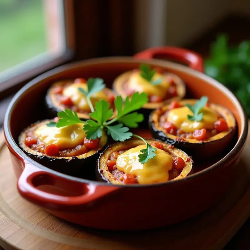 Bolas de berenjena rellenas de carne picada y queso gratinado, tapa murciana al horno dorada y crujiente, servida en bandeja rústica de barro con perejil fresco.
