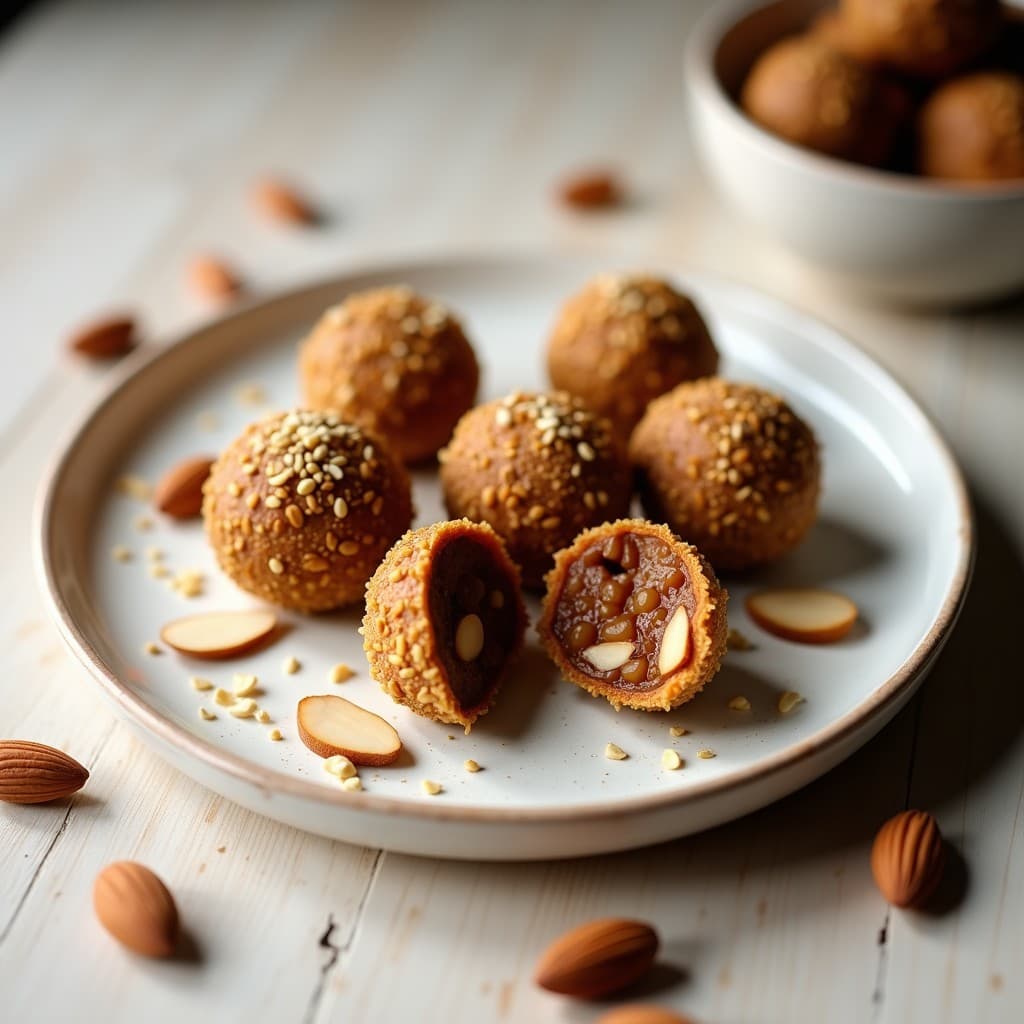 Bolas de dátiles y semillas de loto egipcias sin azúcar, con textura crujiente por fuera y cremosa por dentro, servidas en un plato de cerámica blanca con semillas de loto y coco rallado esparcidos alrededor.