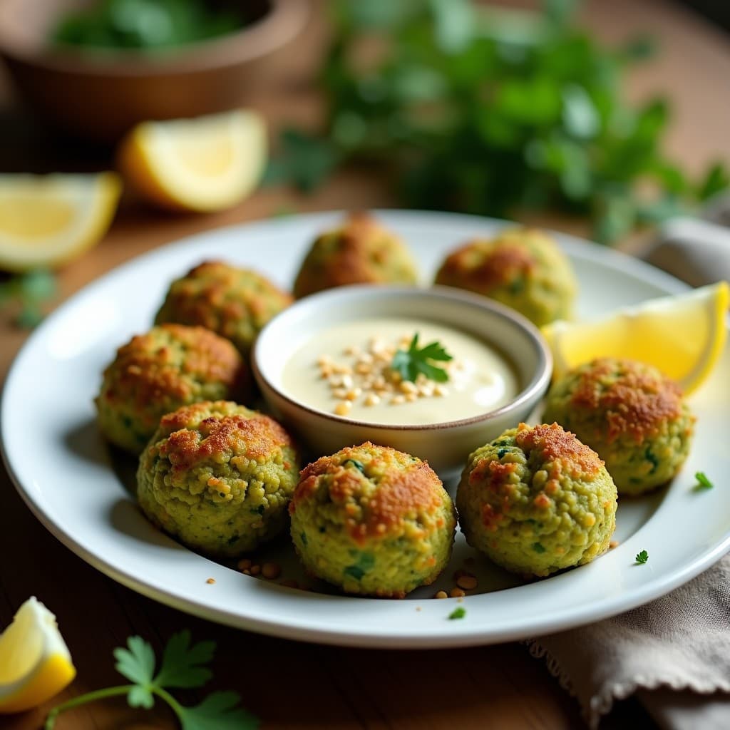 Plato blanco con bolas de falafel de garbanzos verdes doradas y crujientes, servidas sobre una base de lechuga morada y acompañadas de un dip de tahini cremoso en un bol pequeño. Decoración con hojas de perejil fresco y semillas de sésamo espolvoreadas.