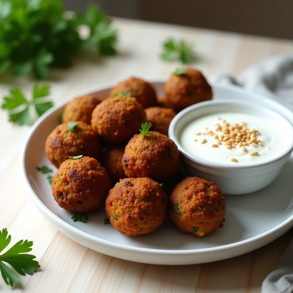 Bolas de falafel de habichuelas negras doradas y crujientes en una fuente de cerámica blanca, acompañadas de un bol pequeño con salsa de yogur de soja espesa y semillas de sésamo. Plato vegano y alto en proteína preparado en airfryer.