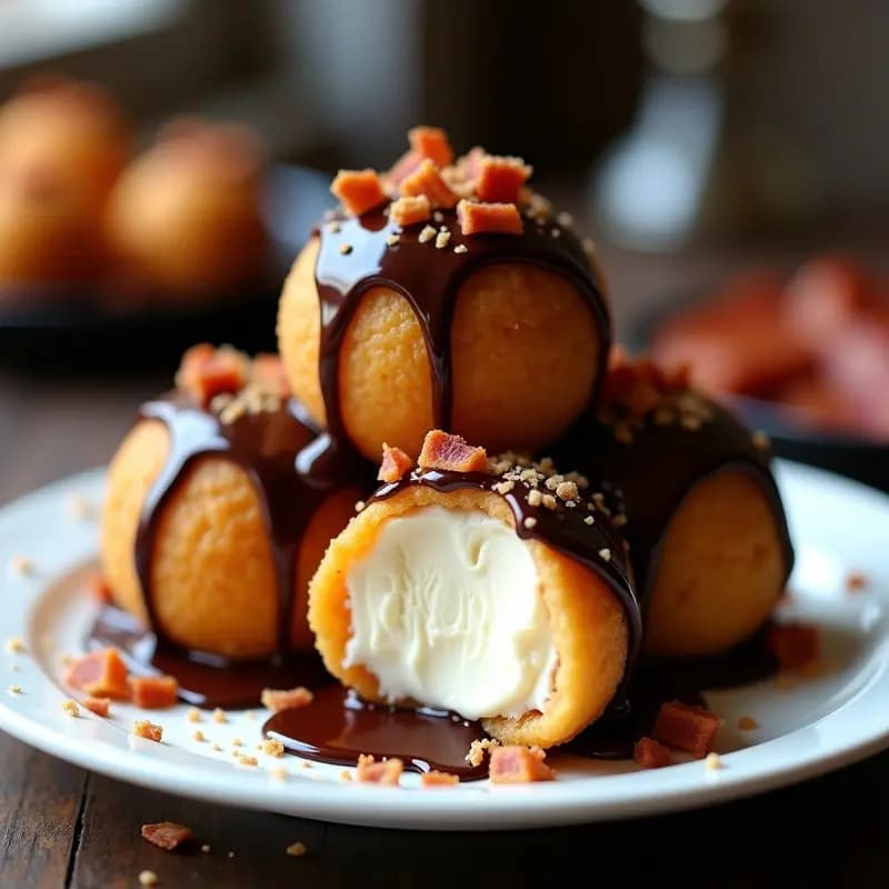 Bolas de helado fritas doradas y crujientes por fuera, con el interior frío y cremoso, bañadas en cobertura de chocolate negro brillante y decoradas con virutas de bacon dorado y crujiente. Postre servido en plato blanco sobre fondo oscuro.