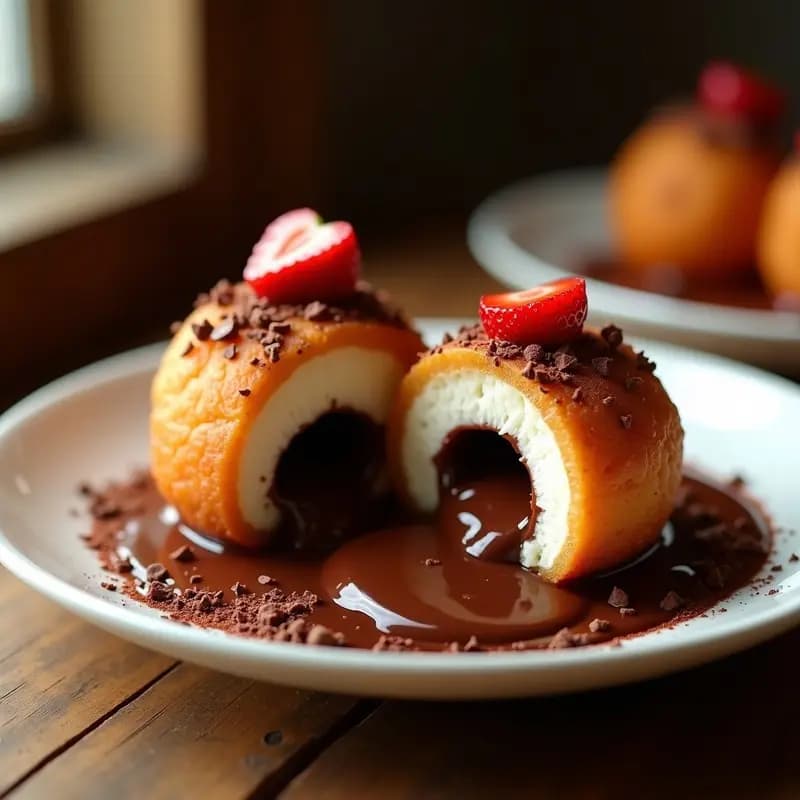 Bolas de Helado Fritas con Relleno de Chocolate Líquido y Salsa de Fresa