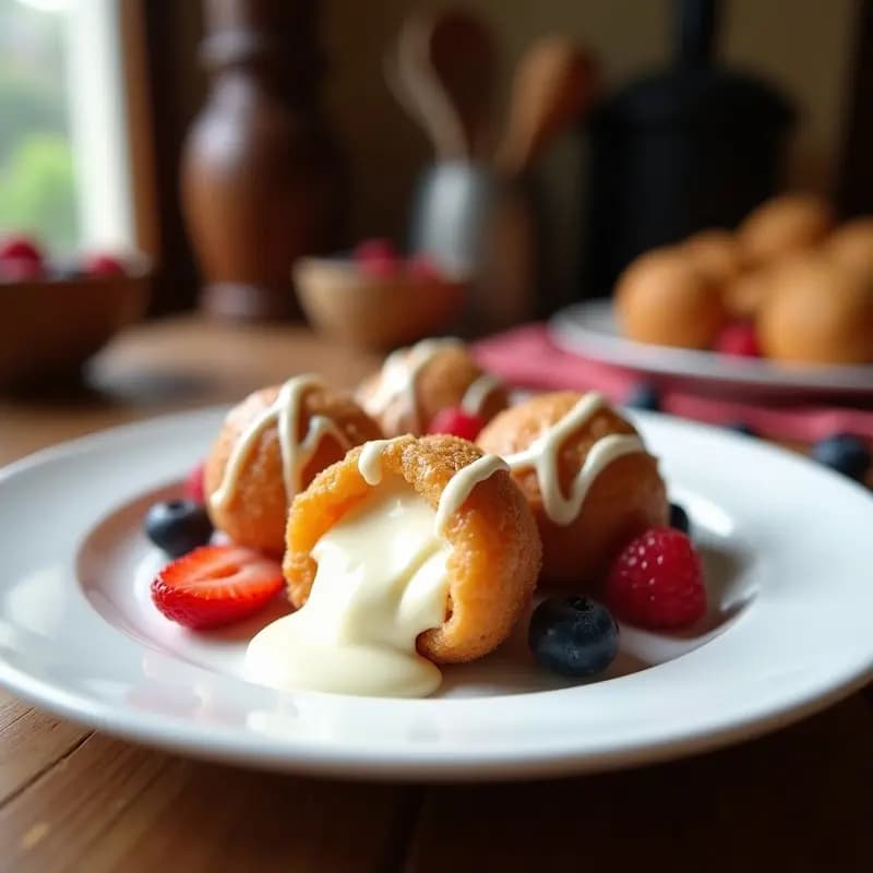 Plato blanco con bolas de helado frito doradas y crujientes, bañadas en chocolate blanco cremoso y decoradas con frutos rojos frescos (fresas, frambuesas y arándanos). Fondo borroso de cocina con utensilios.