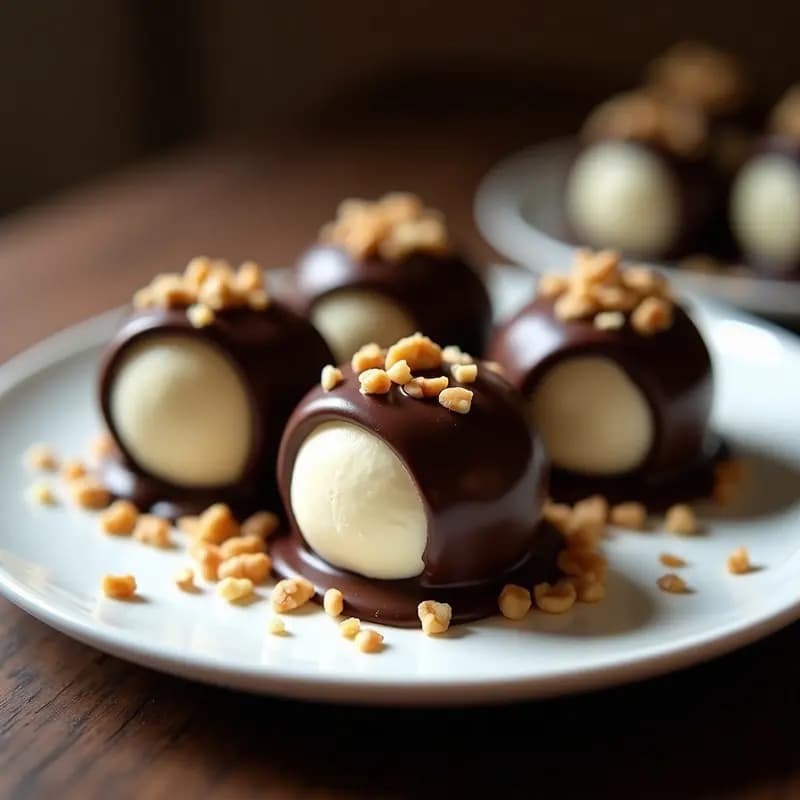 Bolas redondas de helado de vainilla cubiertas con una capa brillante de chocolate negro y trocitos de nueces picadas, servidas en un plato blanco sobre fondo oscuro.