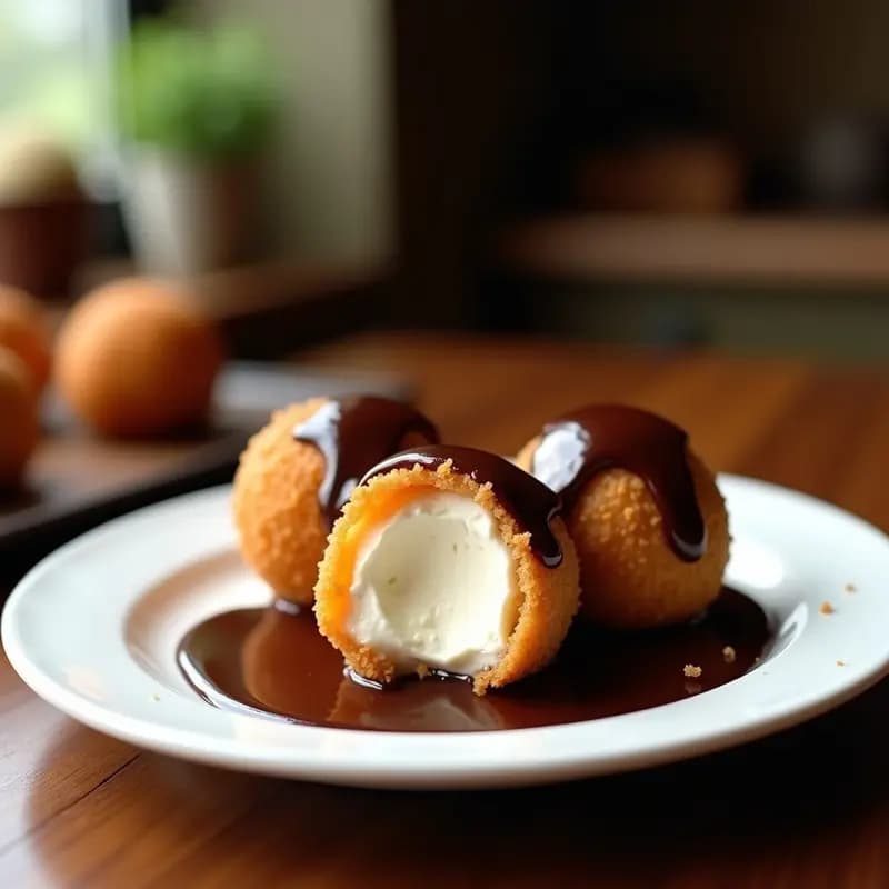 Plato blanco con dos bolas de helado de vainilla empanizadas y doradas, fritas al momento, bañadas en salsa de chocolate caliente espesa y brillante, con fondo desenfocado de cocina.
