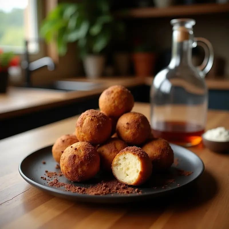 Bolas redondas de mijo y dátiles cubiertas de chocolate negro 85% dispuestas en una bandeja de madera, con trocitos de almendra visibles y brillo en la cobertura.