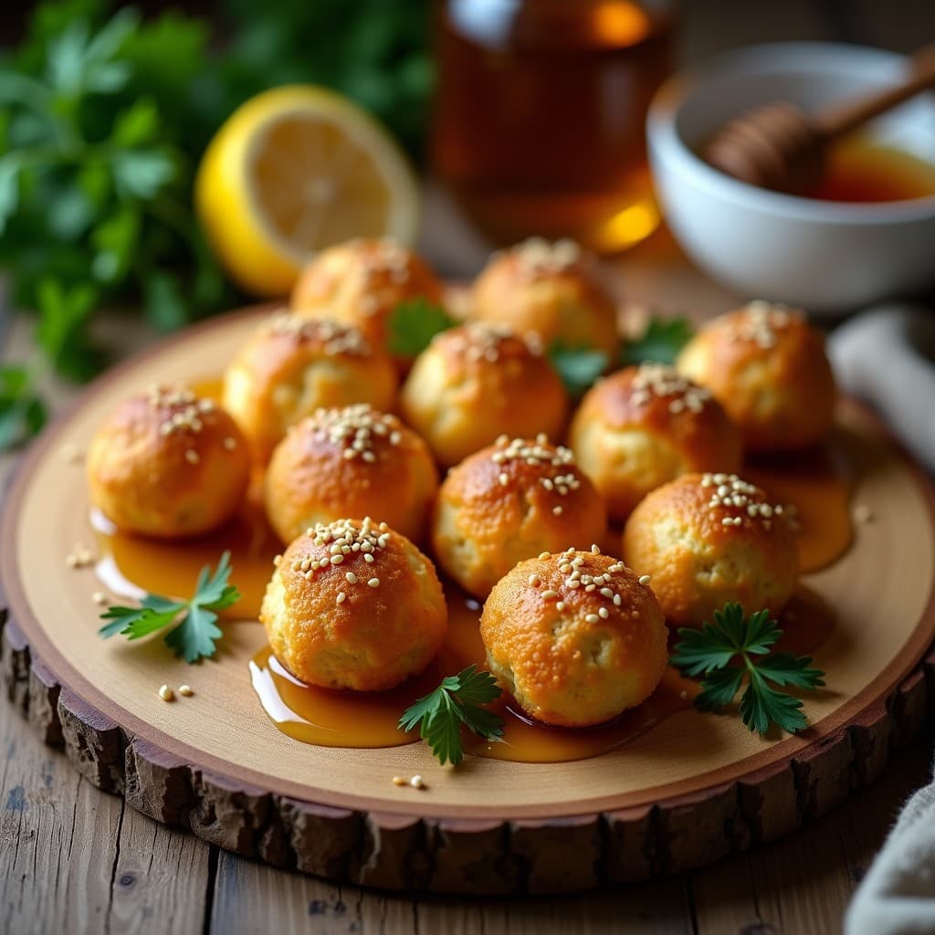 Bolas doradas de queso feta al horno con costra crujiente de sésamo y amapola, bañadas en miel de tomillo, servidas en bandeja rústica de madera sobre fondo oscuro.