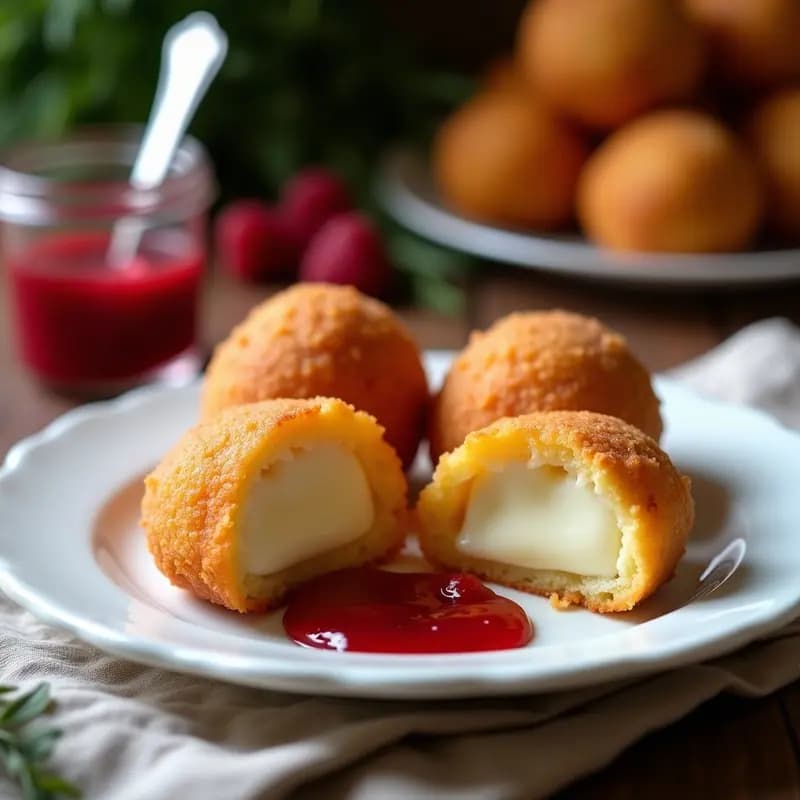 Bolas de queso fritas doradas y crujientes en airfryer servidas en un plato blanco con mermelada de frambuesa brillante en un cuenco pequeño para mojar, aperitivo dulce-salado.