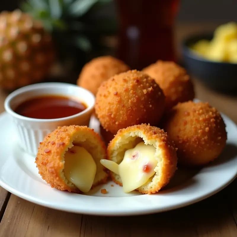 Bolas de queso fundido con jamón y piña fritas, doradas y crujientes por fuera, con el queso derretido asomando ligeramente. Servidas en un plato blanco con salsa ketchup al lado, receta de aperitivo diferente para freír.